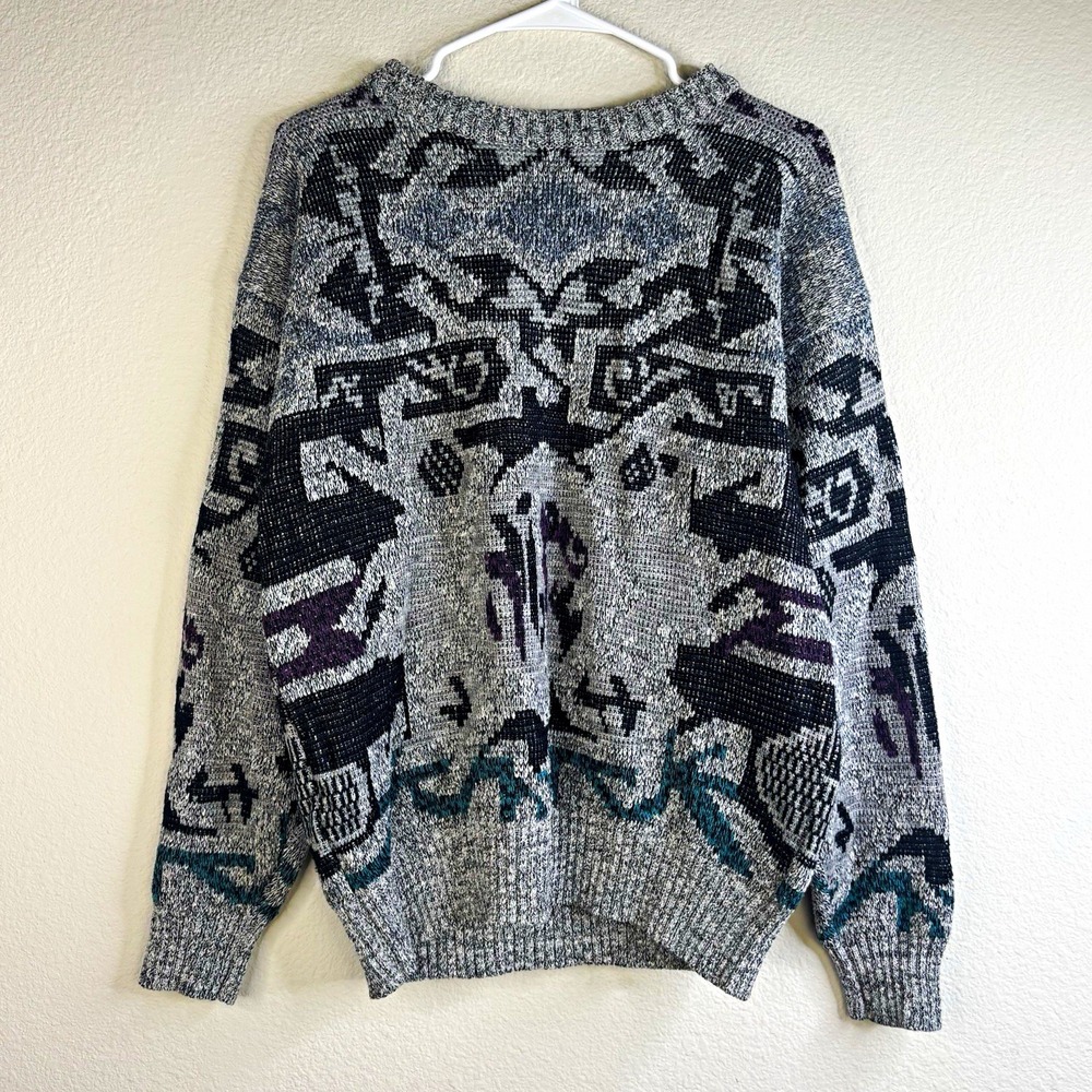 Vintage Method Men's L Gray Geometric Knit Crewneck Pullover Sweater Long Sleeve